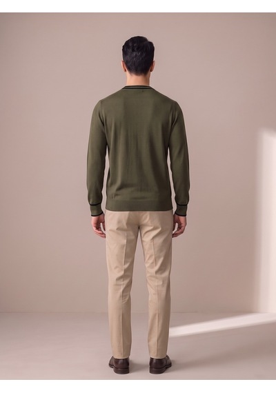 Maccali Erkek Haki Kontrast Şeritli Bisiklet Yaka Triko Sweatshirt