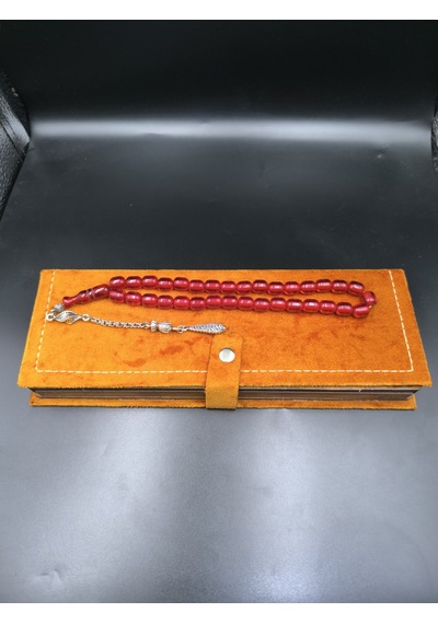 Osmanlı Benzetme Sıkma Kehribar Tesbih Vişne Kırmızısı, 10x9 Mm Gümüş