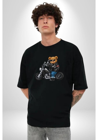 Kask Güneş Gözlüğü Motor Ayı Pamuklu Bisiklet Yaka Unisex Oversize Boyfriend Dijital Baskılı Siyah T-shirt Siyah