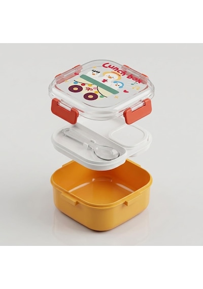 600 Ml Yemek Kabı, 4 Bölmeli Kilitli Lunch Box, Kaşık Dahil Renkli Desenli Saklama Ve Taşıma Kabı, 14x14x8 Cm Çok Renkli