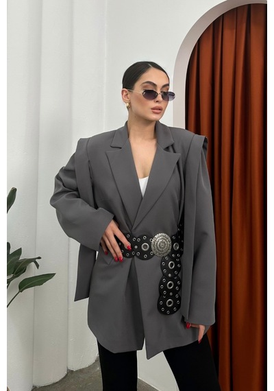 Kadın Oversize Blazer Ceket Kuşaklı Omuz Detaylı Gri