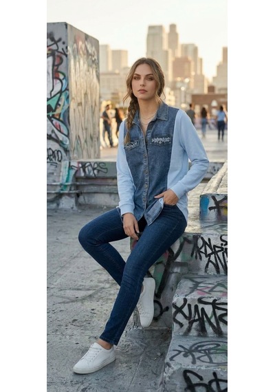 Stormwear Çift Kumaş Detaylı Taşlı Denim Gömlek Mavi