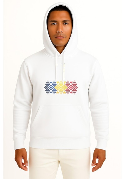 Bahriyeli Collection Kapüşonlu Romanian Flag Of Romania Folklore Pattern Göğüs Tasarımlı Unisex Sweatshirt Beyaz