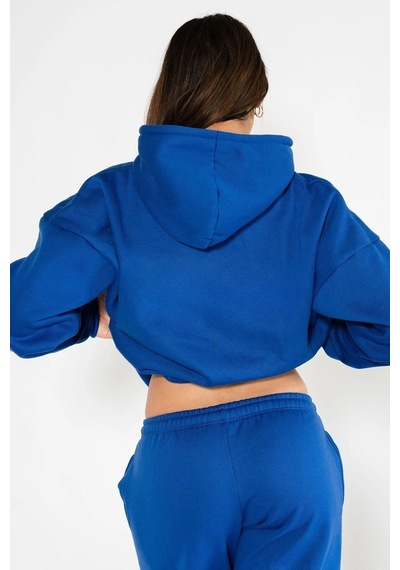 Ellore Eşofman Takımı Sweatshirt Jogger - Sax Mavi Baskılı Oversize Şardonlu Kapüşonlu Saks Mavi