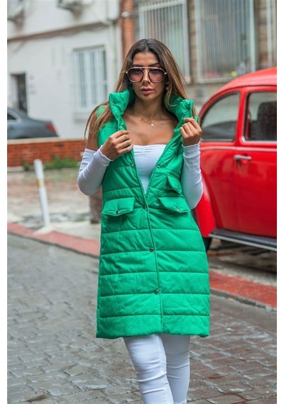 Veraura Lifestyle Yeşil Dik Yaka Cep Detaylı Uzun Şişme Yelek