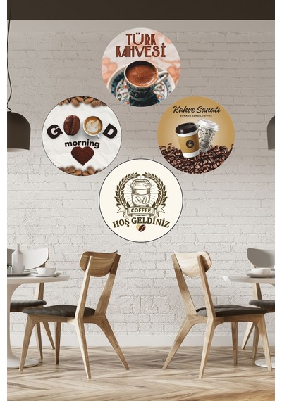 10 Lu Yuvarlak Ahşap Kahve Temalı Tablo Seti, Cafe, Çay Ocağı, Kahvehane Ve Mutfak Duvar Dekorasyonu
