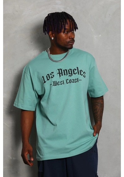 Erkek Kısa Kol Tişört Bisiklet Yaka Kanat Baskılı Oversize T-shirt - Mint Yeşili