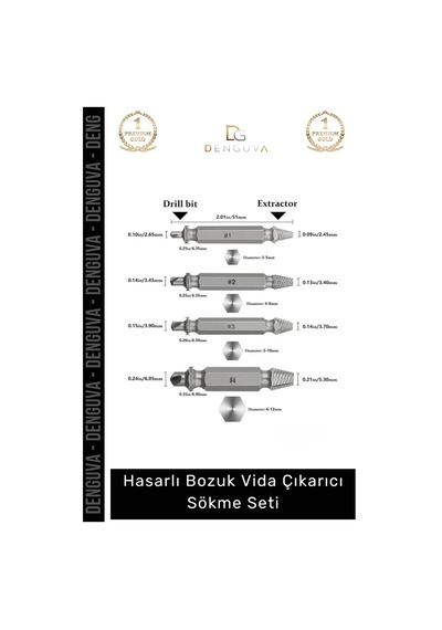 Premium 4 Başlıklı Paslanmaz Çelik Hasarlı Bozuk Vida Çıkarıcı Hasar Görmüş Vida Sökme Seti