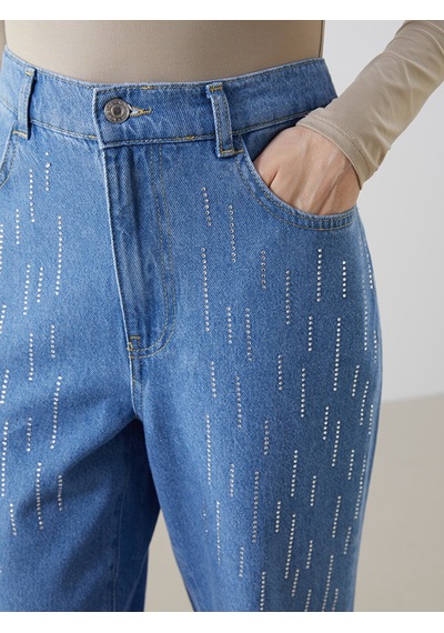 Lcw Comfort İndigo Beli Lastikli Straight Fit Taşlı Kadın Jean Pantolon