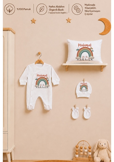 Pia Baby İsme Özel Erkek Bebek Tulum %100 Pamuk Organik Baskılı İsimli Bebek Tulumu 35x45 Cm Yastık Kılıfı Bebek Hediye Seti 1083ytyx Krem