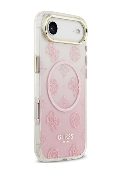 Apple Uyumlu iPhone 17 Air Kılıf Guess Lisanslı M-safe Özellikli Simli Peony Desenli Silikon Kapak Pembe Pembe