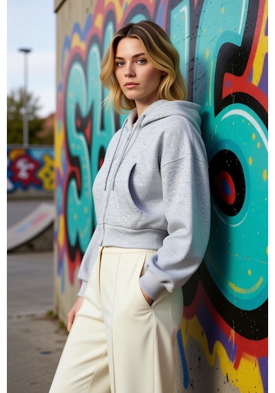 Benerly Kadın Kapüşonlu Düşük Kol Fermuarlı Örme Sweatshirt Fonksiyonel D Gri Melanj
