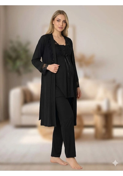 Kocabey Bone 6205 Kadın 3'lü Jakarlı Sabahlıklı Lohusa Pijama Takımı Siyah