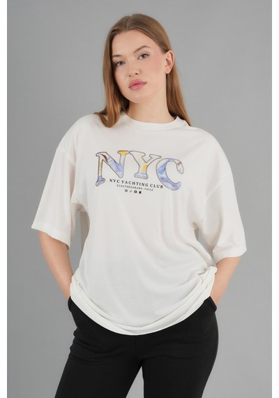 Alexandergardi Geniş Kalıp Bisiklet Yaka Baskılı Kısa Kollu T-shirt Beyaz