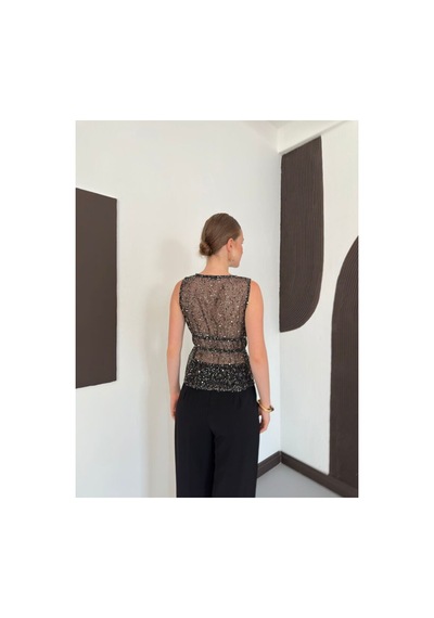 Verymoda V Yaka Belden Bağcıklı Pullu Yelek Bluz D3135 Siyah