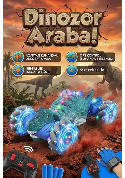Uzaktan Kumandalı Dinozor Araba Jest Sensörlü Işıklı Müzikli 4x4 Akrobasi Arabası Şarjlı Oyuncak Mavi