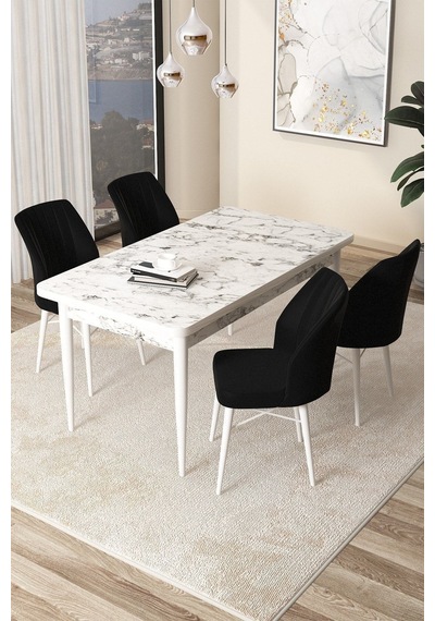 Canisa Arp Serisi 70x110 Sabit Mutfak Masası Takımı Beyaz Mermer Desen Masa 4 Siyah Sandalye Masa Beyaz Mermer Desen Sandalye Siyah Canisa Arp Serisi 70x110 Sabit Mutfak Masası Takımı Beyaz Mermer Desen Masa 4 Siyah Sandalye Masa Beyaz Mermer Desen Sandalye Siyah