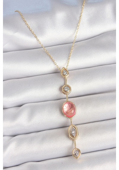 Pirinç Zincir Pembe Gold Renk Zirkon Taşlı Y Kolye 5886 - Hs08378715-9737 Renkli Renkli