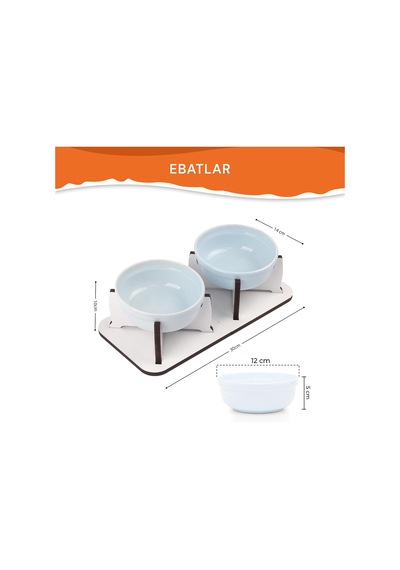 Kedi Köpek Mama Kabı, Ahşap Ayrılabilir Tabanlı 2'li Mama Ve Su Kabı Seti Kaymaz Stand, Hijyenik Kaseler, Minimal Tasarım, Seramik Kase Mavi Seramik