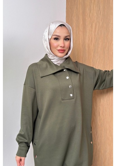 Mihran Butik Soho Elegance Yaka Detaylı Kadın Tesettür Alt Üst Takım Haki