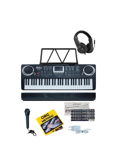 Midex PS-1500BK-H Başlangıç İçin 61 Tuşlu Org Kulaklık Mikrofon ve Notalık