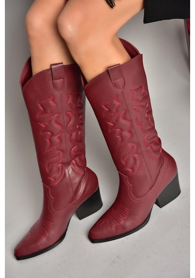 Fox Shoes T296815009 Bordo Kovboy Model Kadın Çizme Bordo-suni Deri Bordo