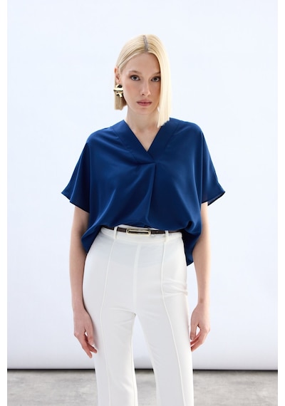 Sateen Geniş Kısa Kollu Bluz - İndigo-136763 İndigo