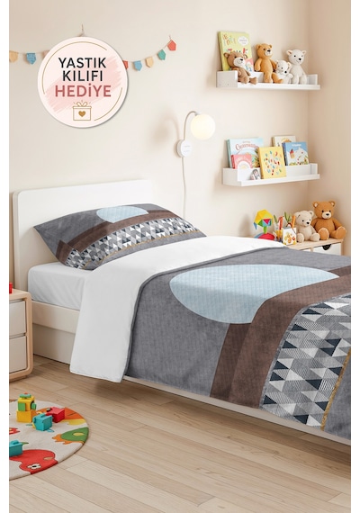 Gri Geometrik Genç Odası Tek Kişilik Pike Takımı - Mavi Kahverengi 160x220 Cm Kapitone Yatak Örtüsü Masalsı Çiçek Havası