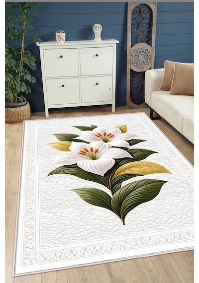 STY Home Beyaz Çiçekli Dijital Baskı Halı Kaymaz Tabanlı Yıkanabilir Halı Yolluk Salon Halısı143
