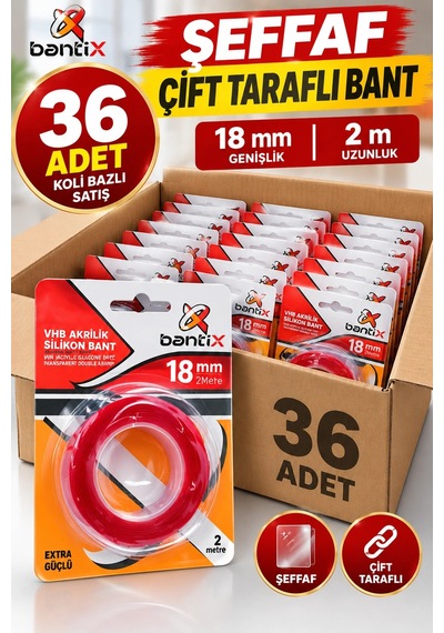 Şeffaf Çift Taraflı Bant 18 Mm X 2 Metre 36 Adet Koli Vhb Akrilik Silikon Güçlü Yapışkanlı Montaj Ba