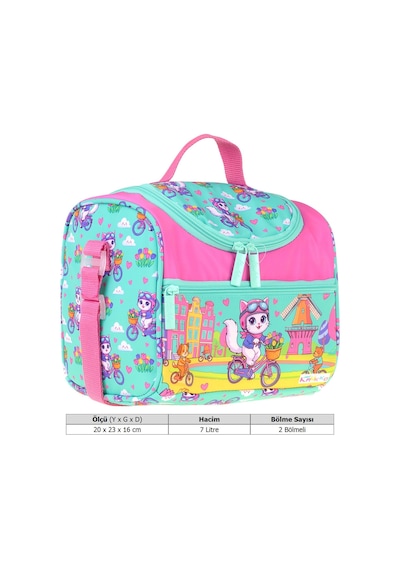 Kaukko Kids Kız Çocuk Bisikletli Kedi Baskılı Isı Yalıtımlı Okul Beslenme Çantası Yeşil - Pembe - L5329