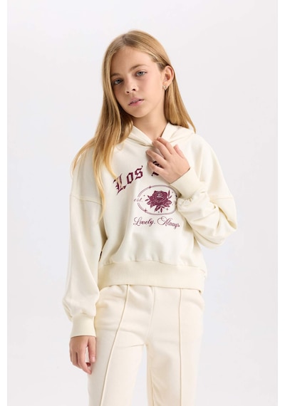 DeFacto Kız Çocuk Ekru Oversize Geniş Kalıp Kapüşonlu Baskılı Sweatshirt D7041A824WNER99