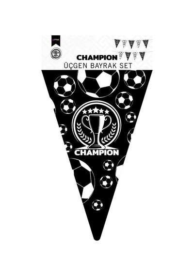 Champion Temalı Üçgen Flama Süsleme - Siyah Beyaz Parti Flaması Çok Renkli