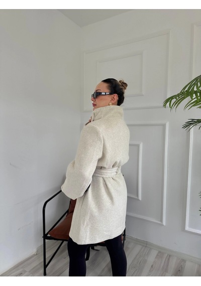 Keymoda Kadın Bej Kuşaklı Kısa Kaşe Kaban Taş Rengi
