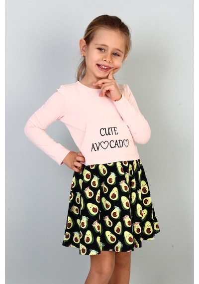 Toontoy Kız Çocuk Cute Avocado Naskışlı Eteği Desenli Elbise Pudra