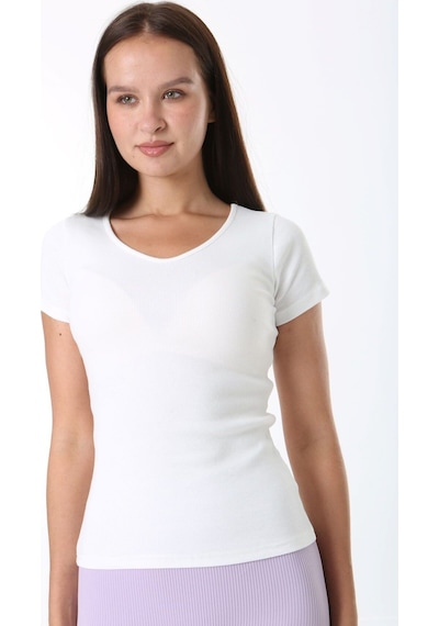 Rooted-kadın Basic V Yaka T-shirt ,fitilli Kaşkorse Kumaş Bluz BEYAZ