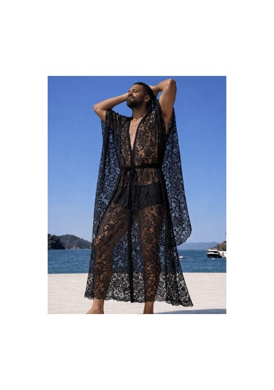 Qmen Style Erkek Plaj Kaftanı Siyah Lace Dandel Siyah