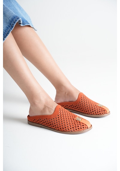 Analin Shoes Kadın Hakiki Deri Delikli Günlük Rahat Terlik Turuncu