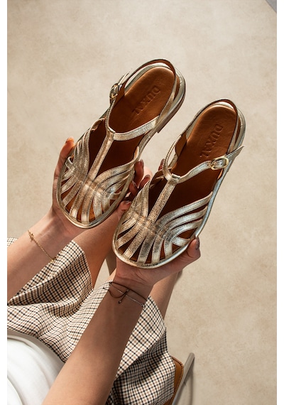 Duxal Shoes Charlotte Hakiki Deri Kafesli T-bant Sandalet Altın