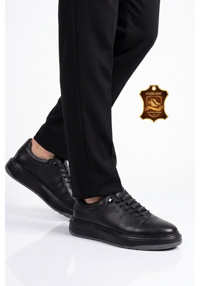 Ayakmod Lastik Bağcıklı Şık Rahat Siyah Hakiki Deri Erkek Casual Sneaker Ayakkabı 272304 Siyah-siyah