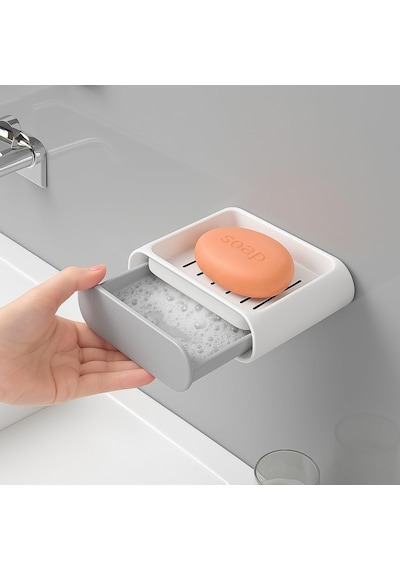 2 Adet Su Hazneli Katı Sabunluk Seti Duvara Yapışan, Çekmeceli Drenaj Tasarım Banyo & Beyaz Ve Gri