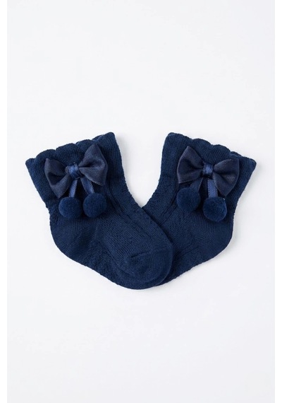 Cocole Socks Kız Çocuk Aksesuarlı Soket Çorabı Tekli Pamuklu Ponponlu Lacivert Desenli
