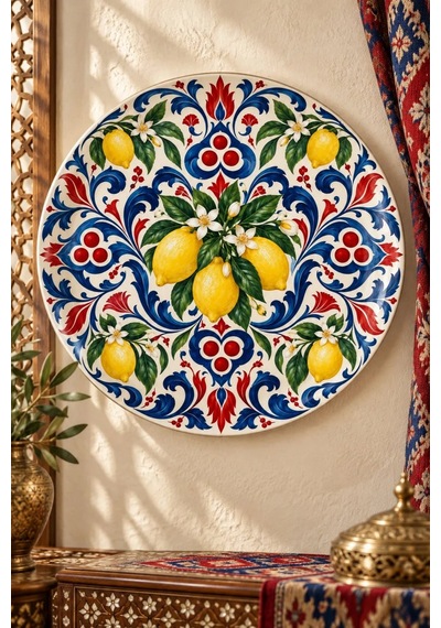 Dekoratif Duvar Tabağı Limon Ve Anadolu Motifleri Dekorlu Seramik Tabak Gri