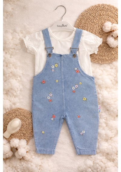 Aslin Store Minik Çiçek İşleme Detaylı Kısa Kollu Kız Bebek Salopetli 2 Li Takım Ekru Ekru