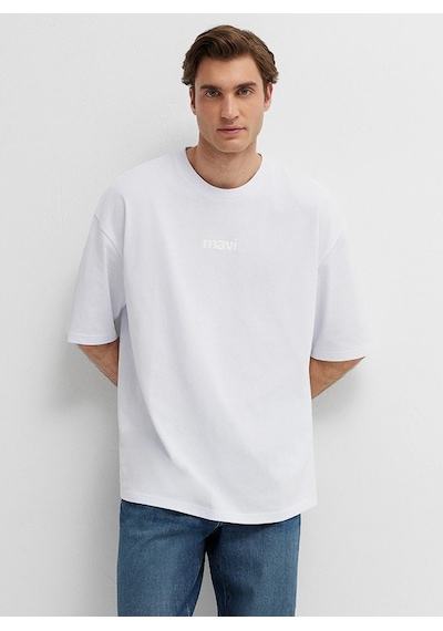 Mavi M0613553-620 Mavi Baskılı T-shirt Erkek Tişort Beyaz