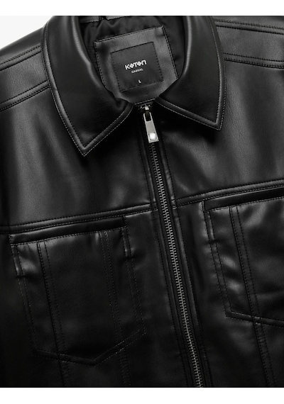 Koton Slim Fit Gömlek Yaka Fermuarlı Cep Detaylı Suni Deri Ceket Siyah 6wam20098hw Siyah