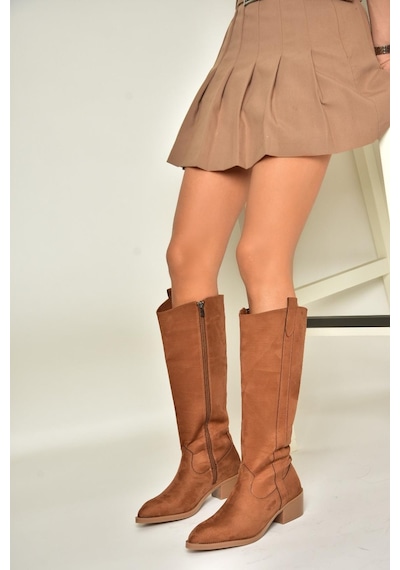 Fox Shoes T480142802 Taba Süet Alçak Topuklu Kadın Çizme Taba