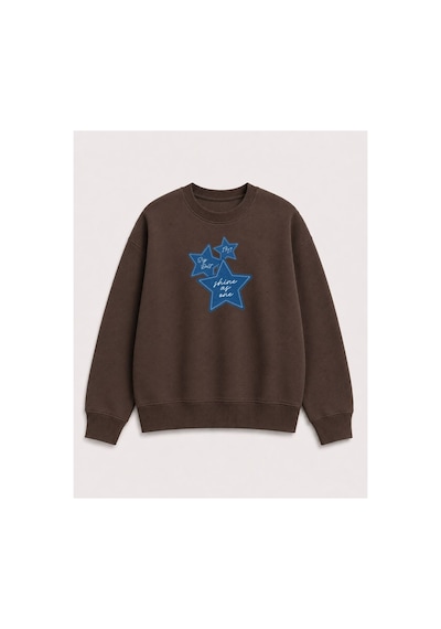 Herkesemoda Kot Efektli Yıldız Baskılı 2 İplik Şardonlu Bisiklet Yaka Sweatshirt Kahverengi