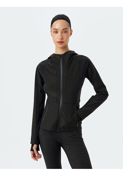 Koton Spor Ceket Kapüşonlu Fermuarlı Cep Detaylı Slim Fit Siyah 5wak20016nk