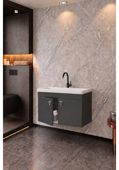 Kemer 80 Cm, Alt Banyo Dolabı, Lavabolu, Antrasit, Kapaklı Banyo Dolabı, Seramik Lavabo Dahil, Mdf